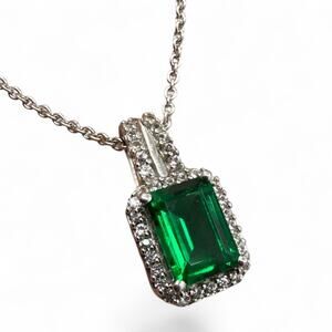 Created Emerald White Sapphire Pendant Necklace 18in Sterling Silver Chain JWBR